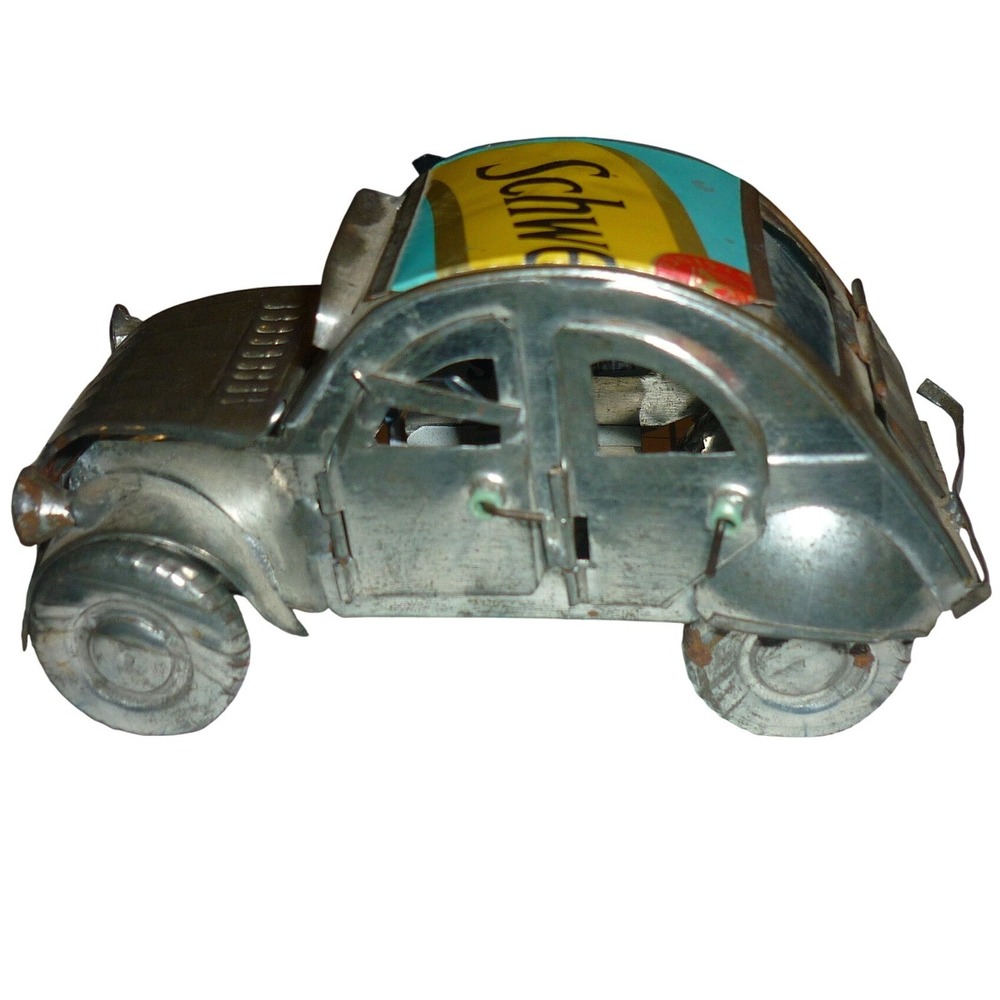 Recycled Tin Folk Art Citroen 2CV Model – Handmade Madagascar Schweppes Can Car